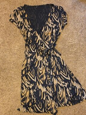 Express Black and Tan Printed Wrap Midi Dress with V-Neck